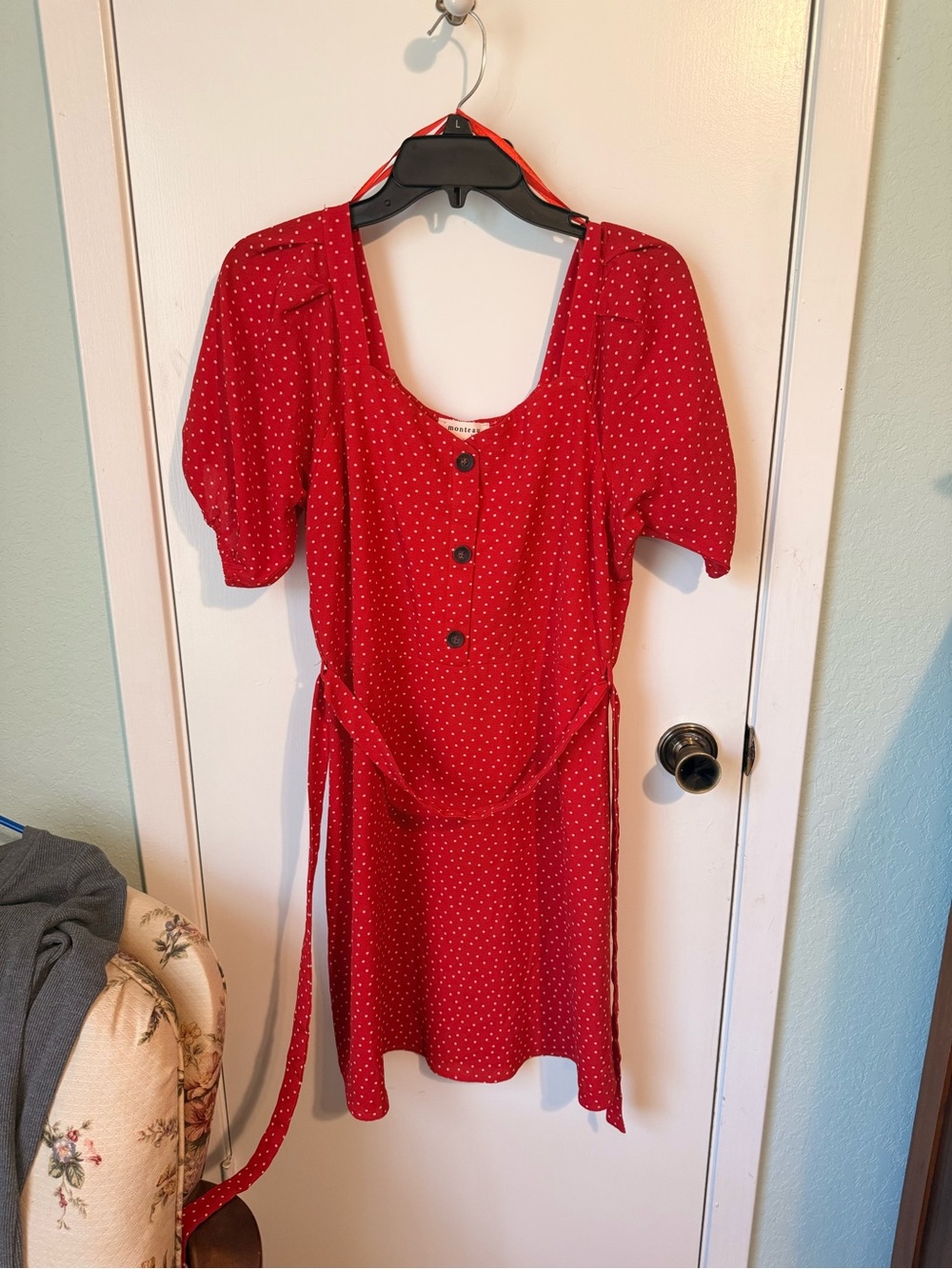 Monteau Red Polka Dot Mini Dress with Front Buttons
